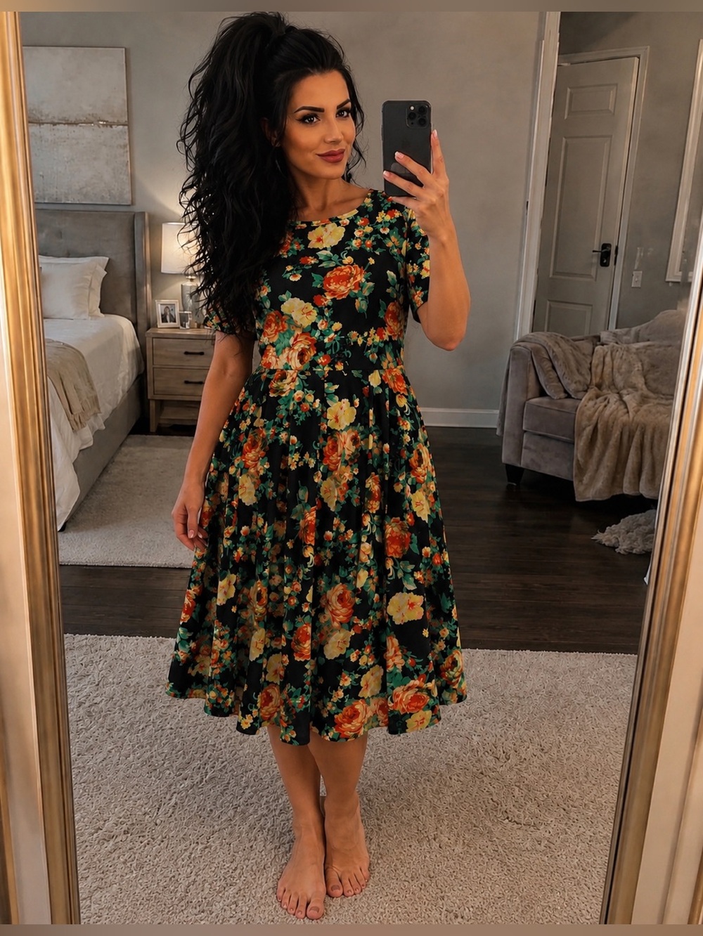 Lularoe Amelia Floral Fit & Flare Midi Dress Black Orange Yellow Size L